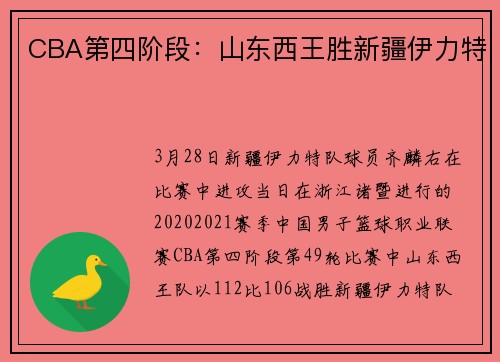 CBA第四阶段：山东西王胜新疆伊力特