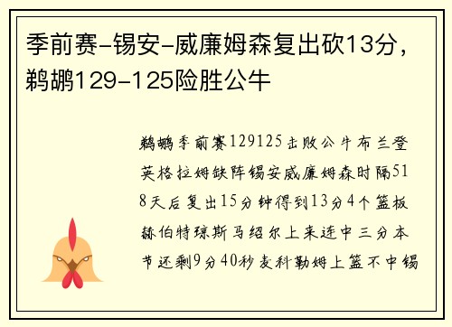 季前赛-锡安-威廉姆森复出砍13分，鹈鹕129-125险胜公牛