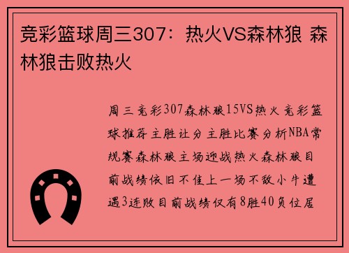 竞彩篮球周三307：热火VS森林狼 森林狼击败热火